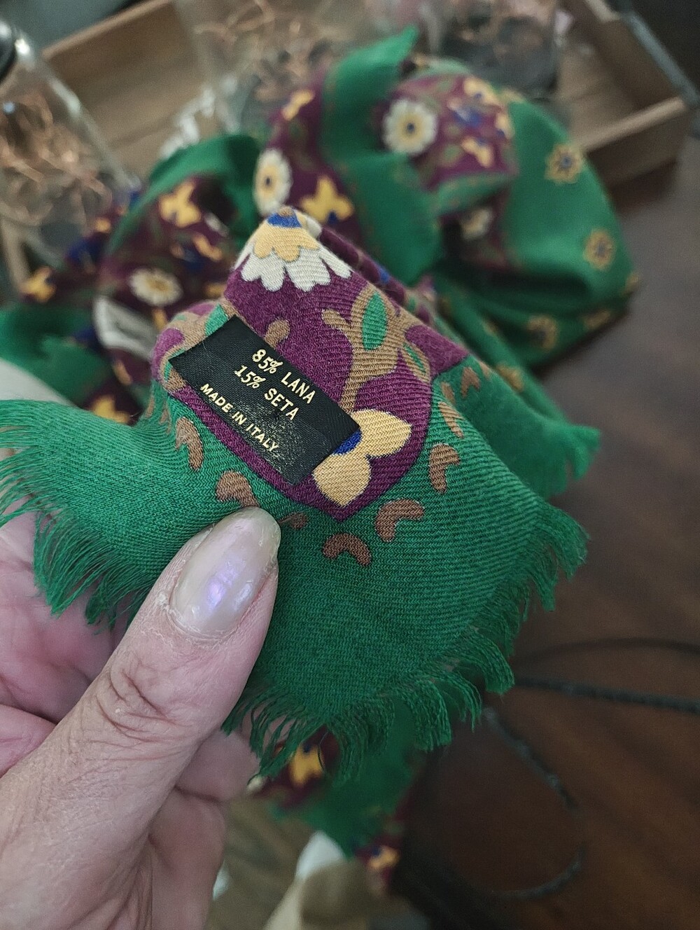 Yves Saint Laurent Green & Purple Floral Wool/Silk Scarf. Approx 54 X 54 - Picture 2 of 4
